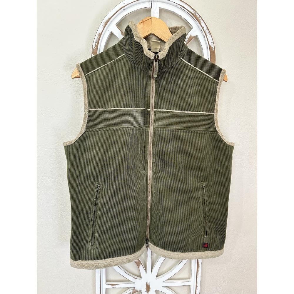 Woolrich Corduroy Faux Fur Lined Vest Olive Green Beige Pockets Zip Front LARGE